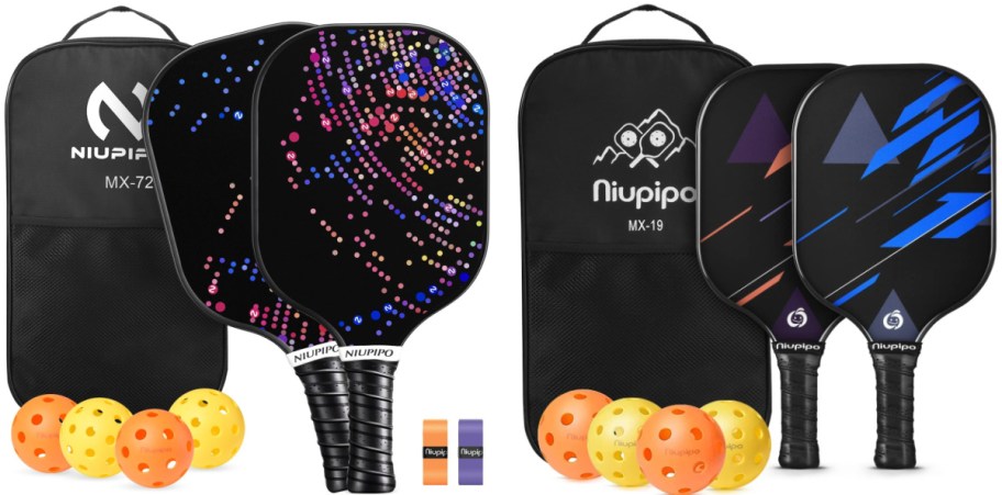 Two Niupipo pickleball sets displayed against a white background; the left set includes two black paddles with a colorful dot pattern, a black carrying bag, four pickleballs, and grip tape, while the right set features two black paddles with geometric designs, a black carrying bag, and four pickleballs.