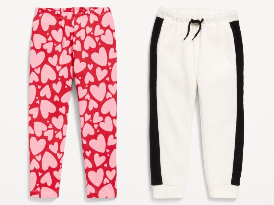 Old Navy Toddler Pants: leggings with hearts and white fleece sweatpants