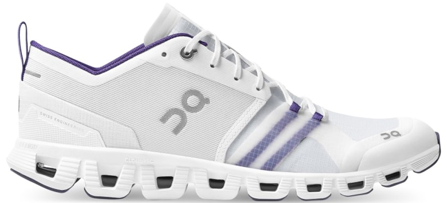 white and purple running shoe