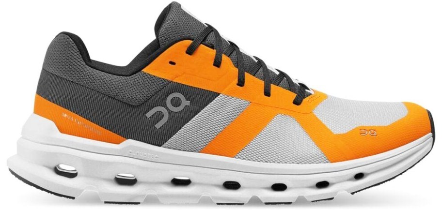 grey and orange running shoe