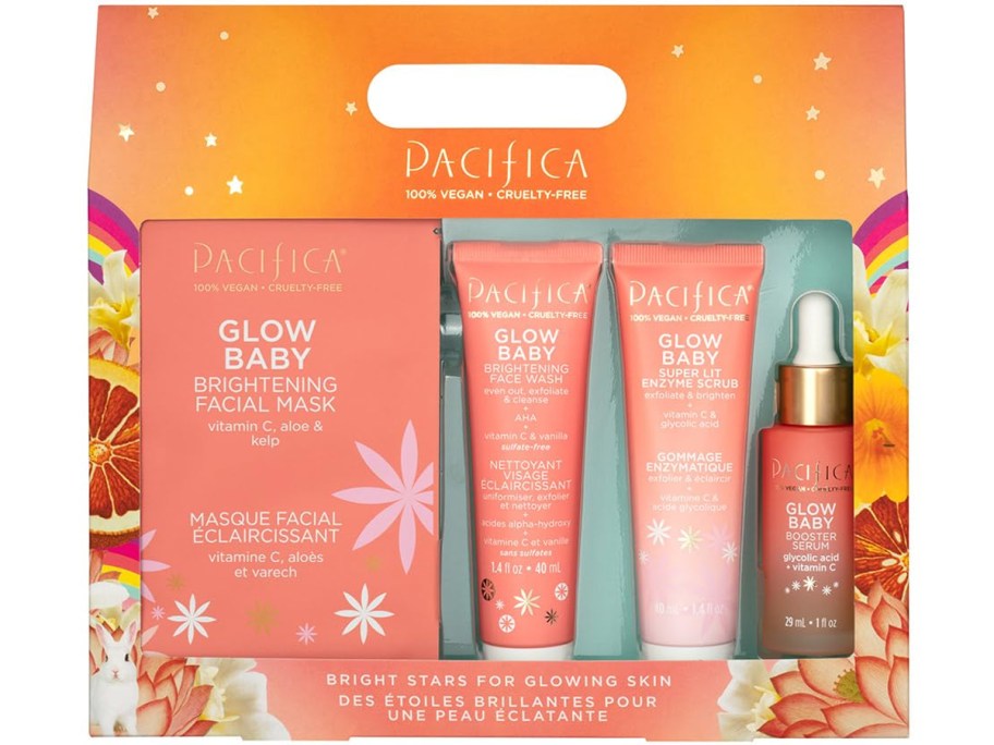 Pacifica skincare items in orange gift set packaging