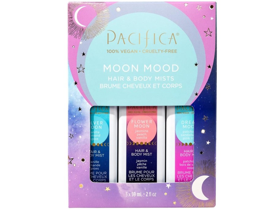 Pacifica Moon Moods Hair & Body Mists in gift box packaging