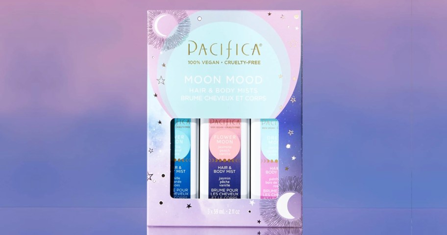 Pacifica gift set box on a blue and pink background