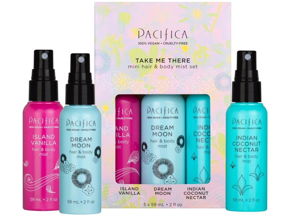 mini bottles of Pacifica mists in front of gift set box