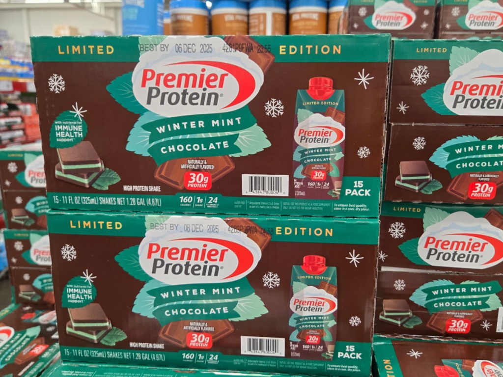 In store display of premier protein, winter mint chocolate shakes inside Sam's Club