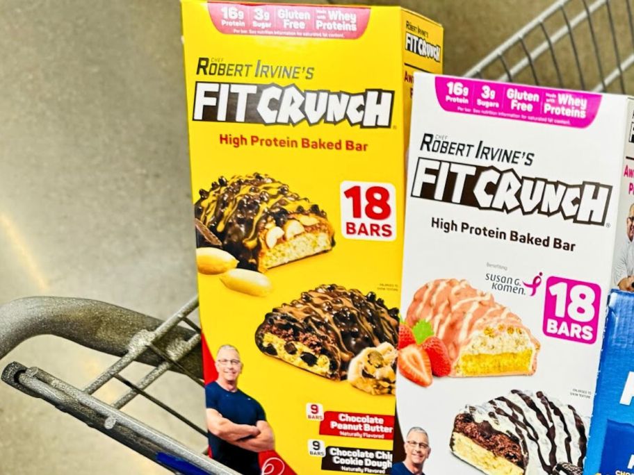 A Box of Robert Irvine's FitCrunch Bars in a Sam's Club shipping Cart