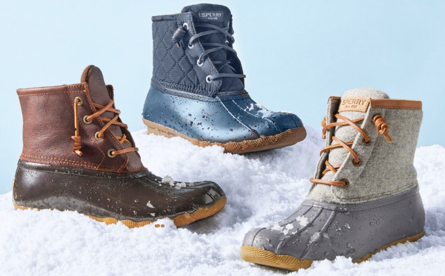 three sperry duct boots in snow