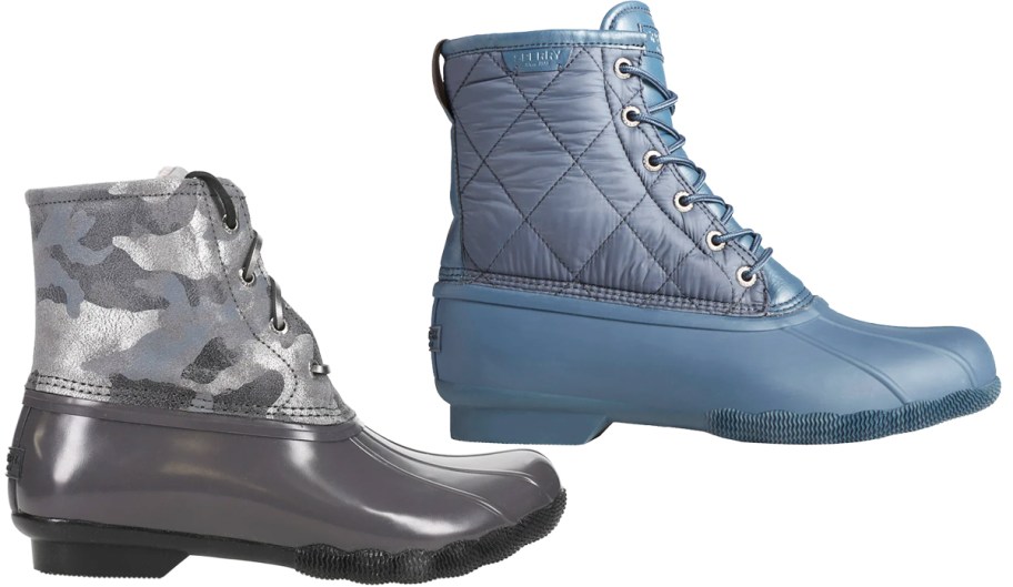 grey and blue sperry duck boots