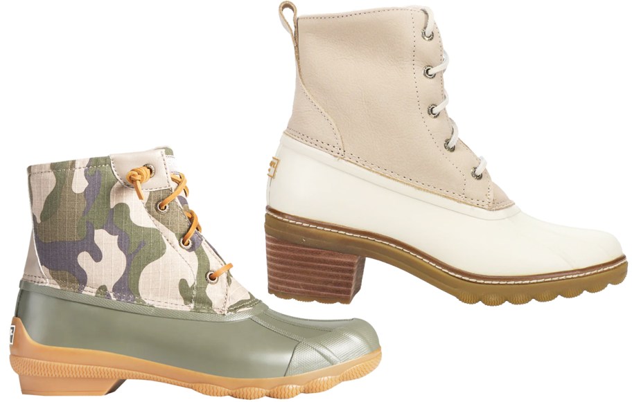 camo duck boot and white heeled boot