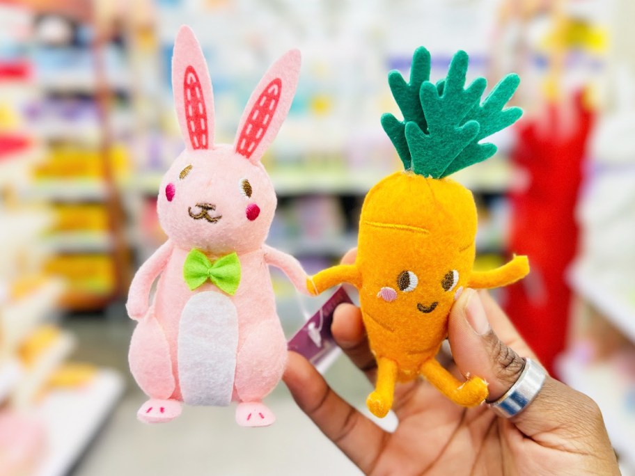 hand holding up Bunny and Carrot Felt Duo Easter Figurine