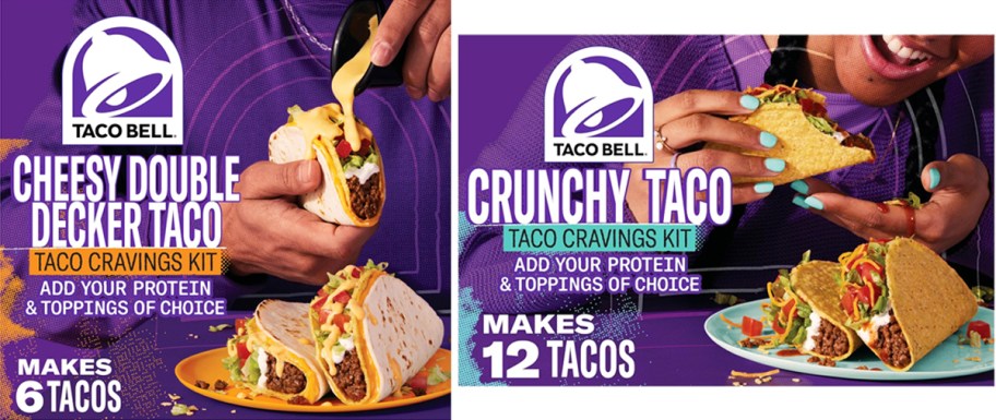 two purple taco bell dinner kit boxes