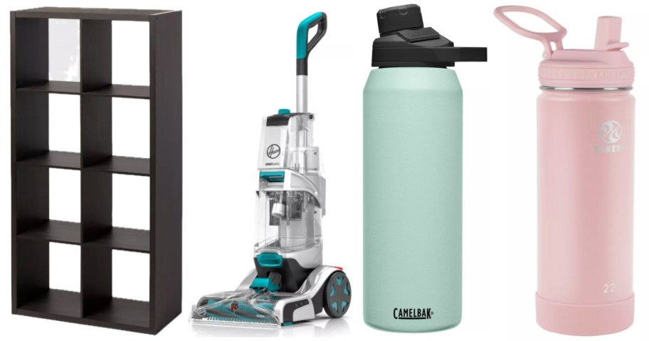 wooden cube storage, carpet cleaner and two water bottles