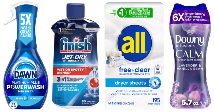 dish spray, dishwasher aid, dryer sheets and fabric softener beads