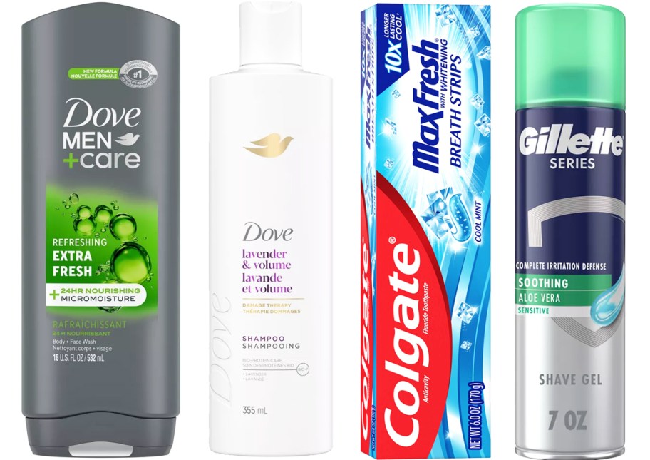 dove body wash, shampoo, colgate toothpaste, and gillette shave gel