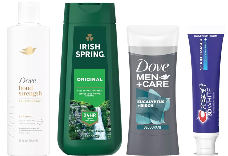 dove shampoo, irish spring body wash, dove deodorant, and crest toothpaste