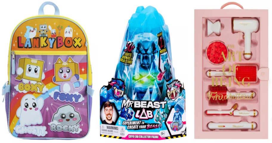 toy backpack, toy hair kit and toy mountain 