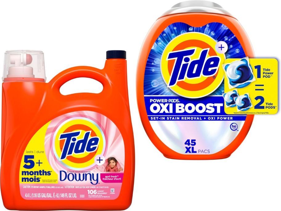 Stock image of Tide laundry detergent with Downy and a Tub of Tide Oxi Boost Laundry Pods