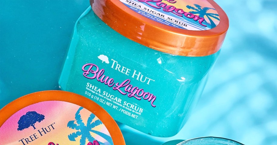 blue jar of Tree Hut Blue Lagoon Sugar Scrub