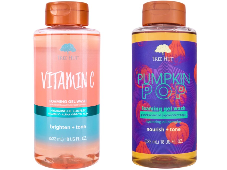 bottles of Tree Hut vitamin c and pumpkin pop body washes