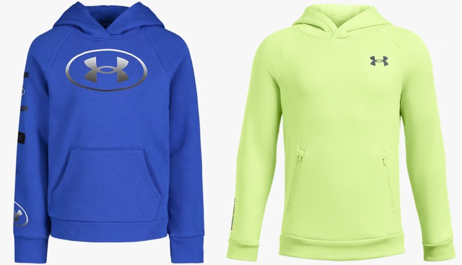 blue and bright green under armour hoodies