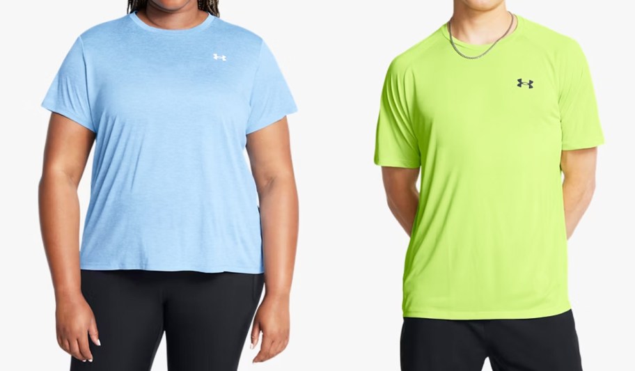 woman in blue top and man in bright green top