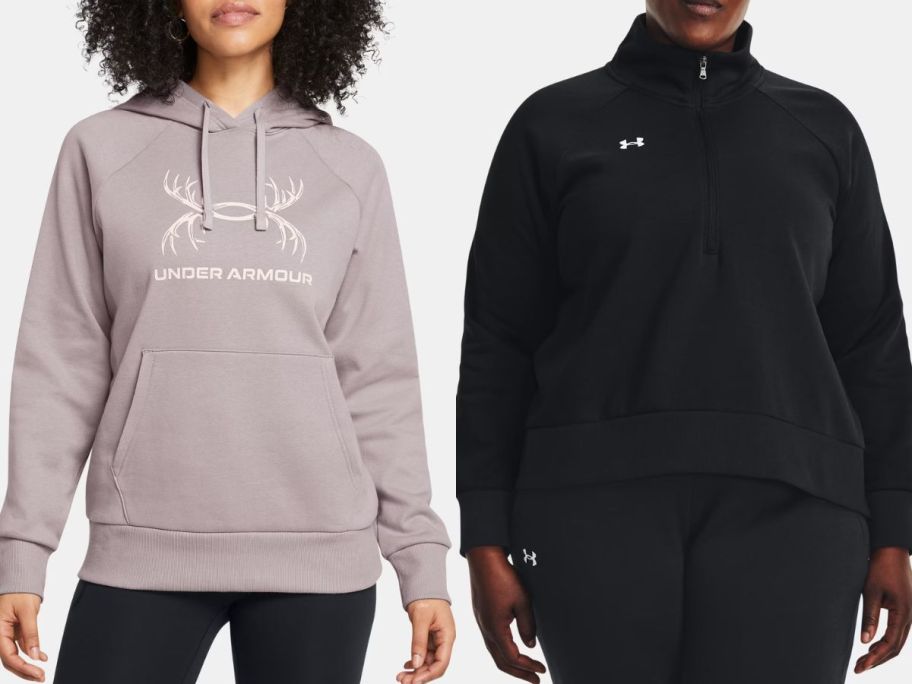 Stock images of two women wearing under armour fleece sweatshirts