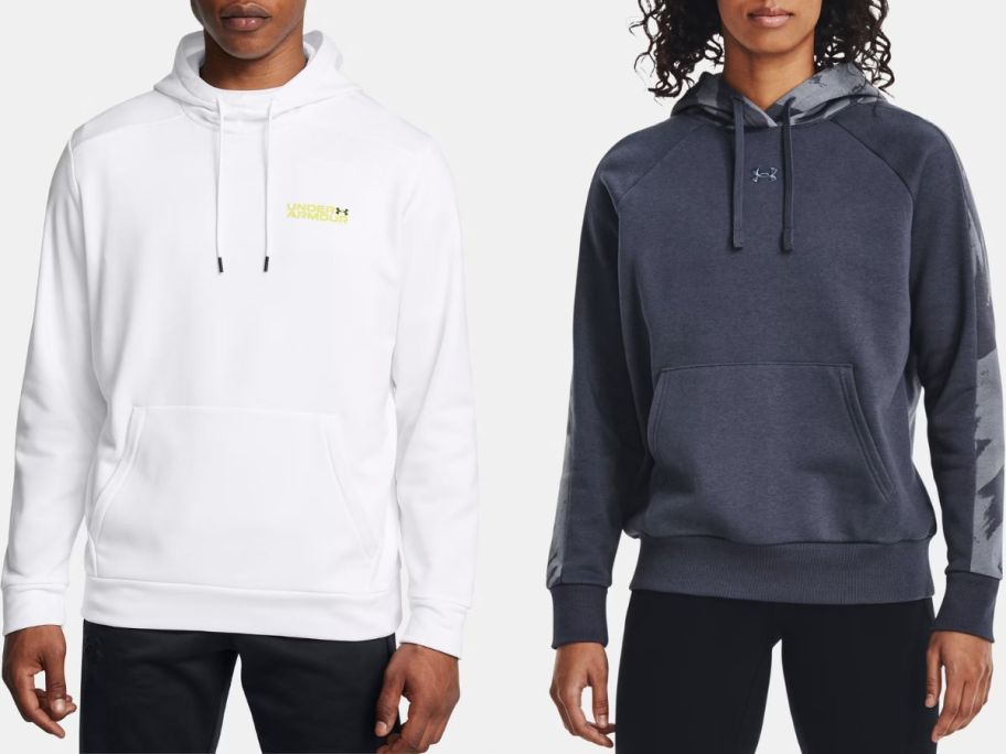 Stock images of two under armour men's and women's hoodies