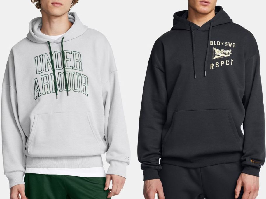 Stock image of two men wearing Under Armour hoodies