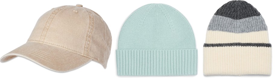 baseball hat and 2 beanies in a row