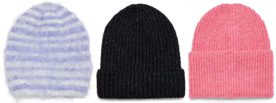 blue, black, and pink beanies in a row