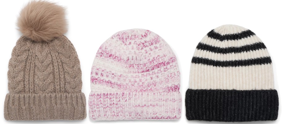 brown, pink, and black beanies in a row