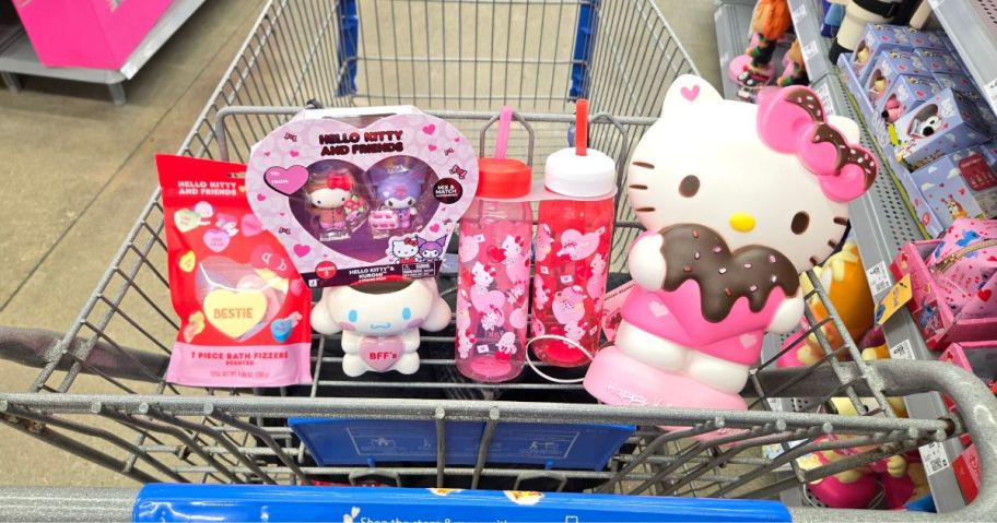 Various Valentine gifts in a cart featuring characters from Hello Kitty
