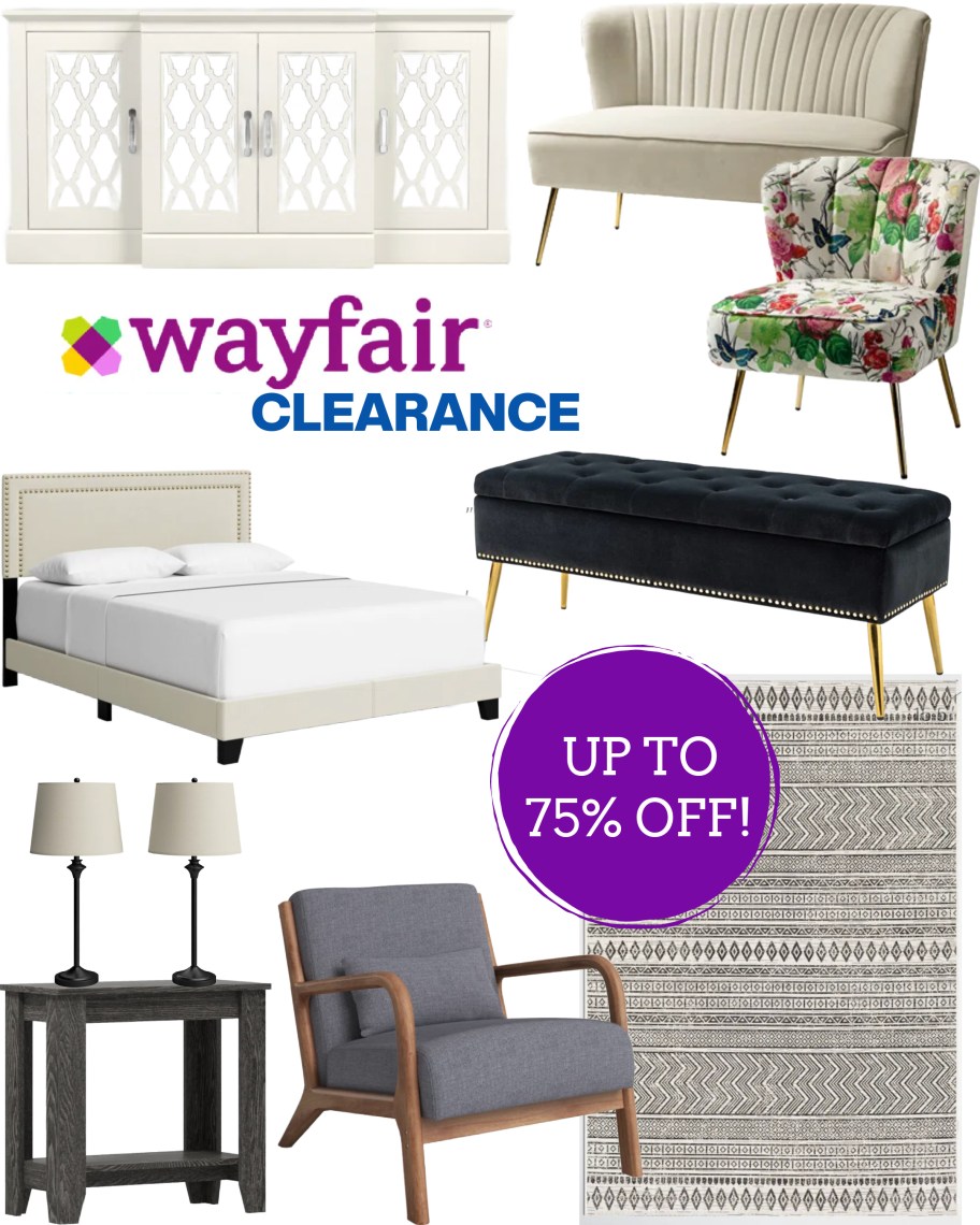 Wayfair Furniture up to 75% off photo collage of ten items