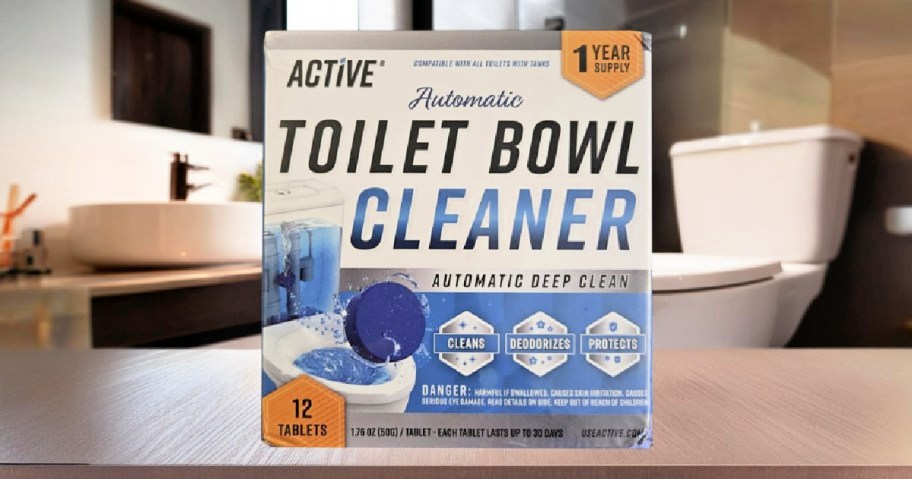 active toilet bowl cleaner box pictured in front of a toilet