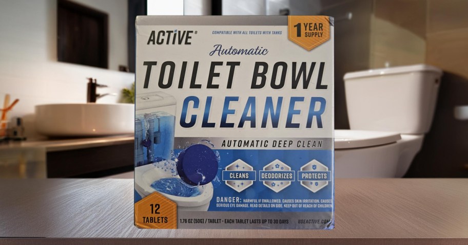 box of active toulet bowl cleaner sitting on counter 