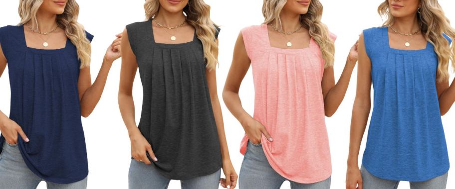 4 models wearing womens square neck tank tops in different colors