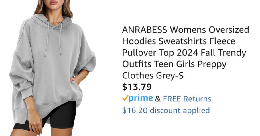 woman wearing gray hoodie next to Amazon pricing information