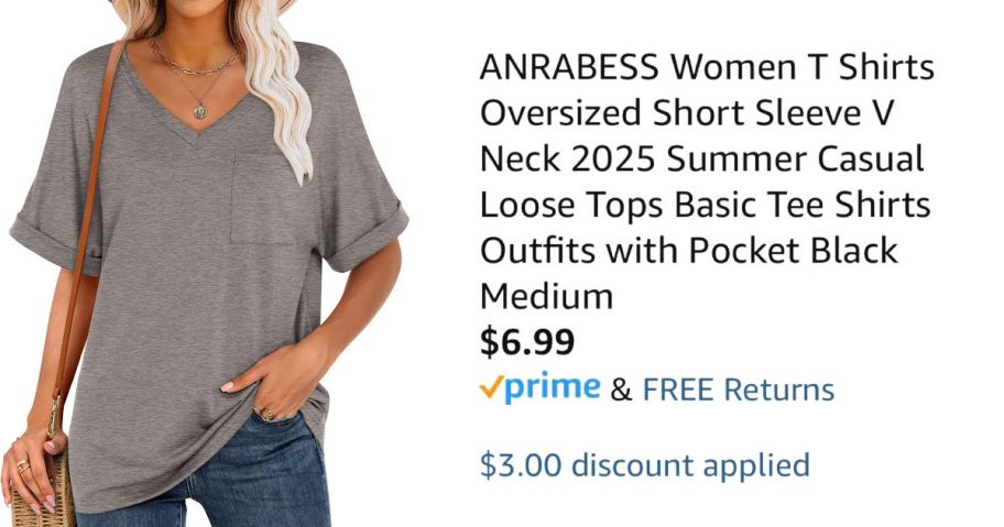 woman wearing tan sweatshirt next to Amazon pricing information