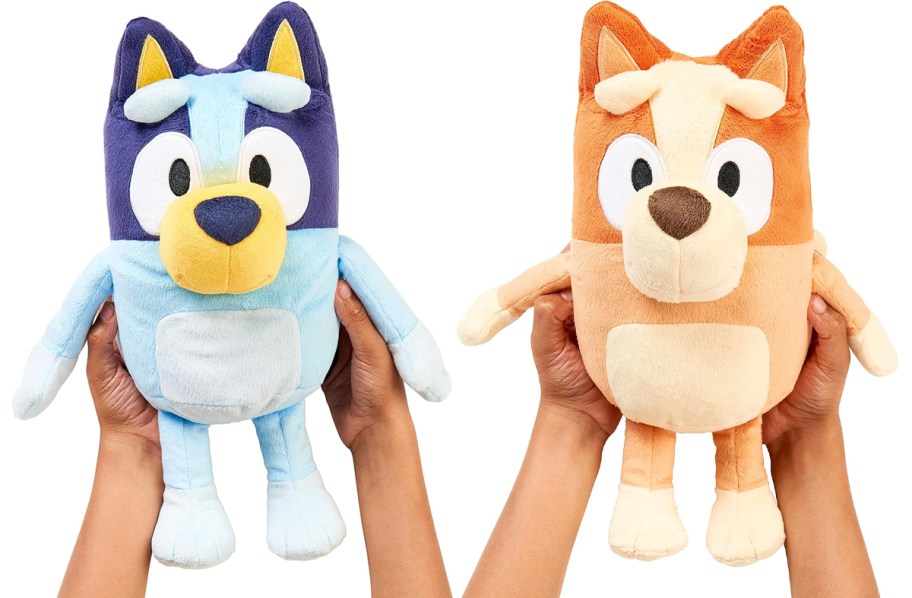 hands holding bluey and bingo plush