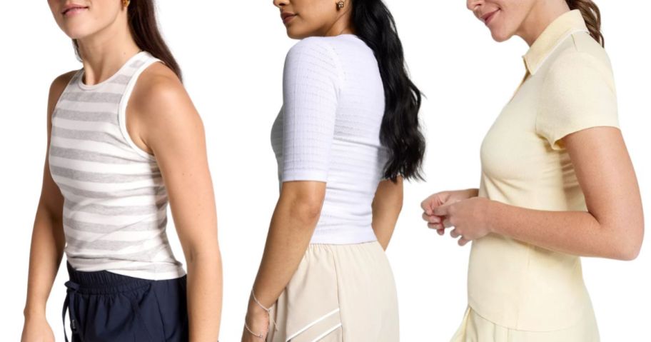 three women wearing calia tops