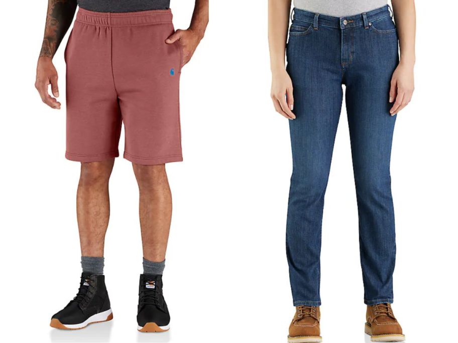 two people wearing carhartt shorts and pants