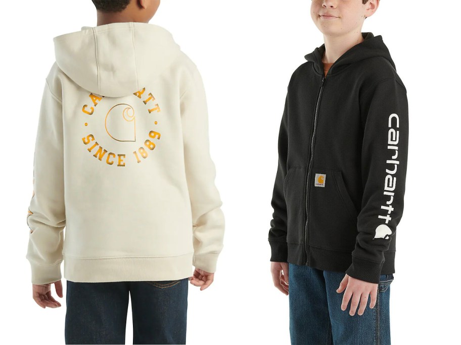 two boys wearing beige and black carhartt sweatshirts