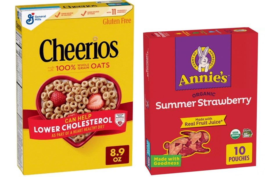 cheerios and annies fruit snacks boxes