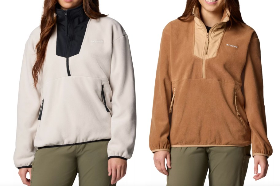 women wearing white and tan fleece pullovers