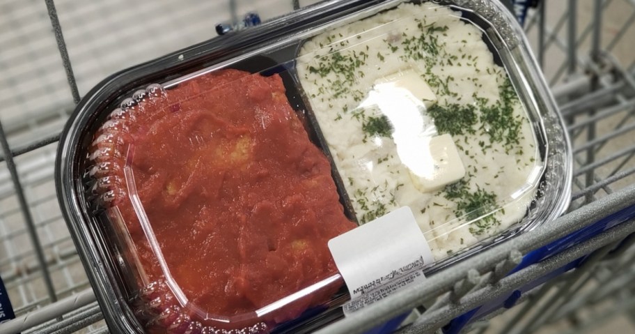 ready to eat meatloaf and mashed potatoes in a container in a shopping cart
