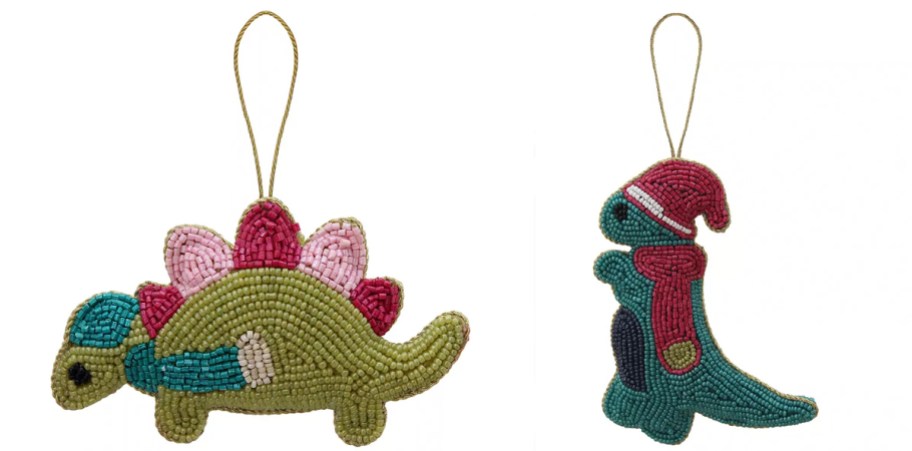 two beaded dinosaur Christmas ornaments