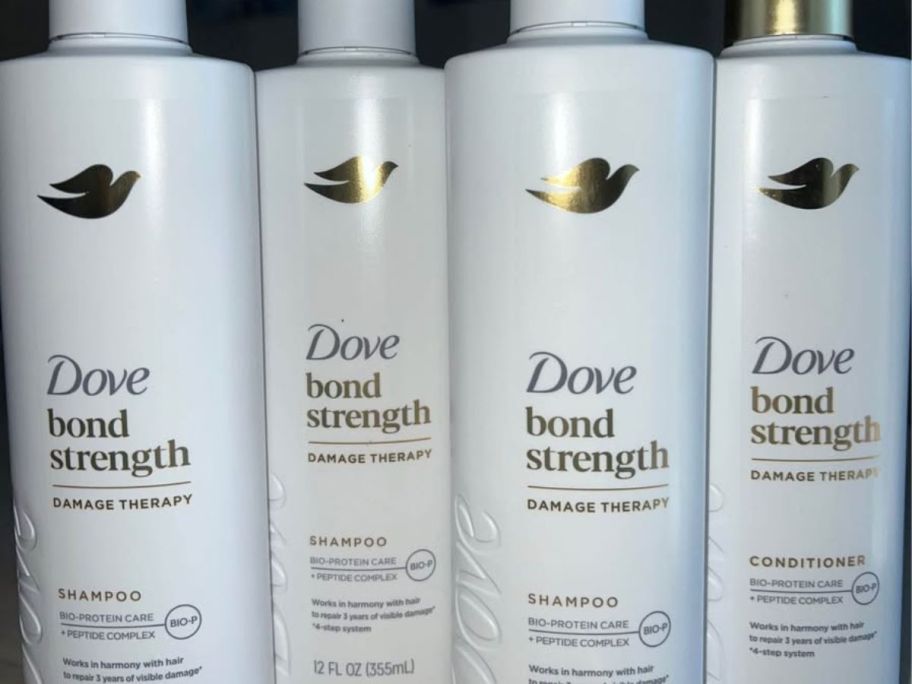 dove bond strength shampoo and conditioner bottles