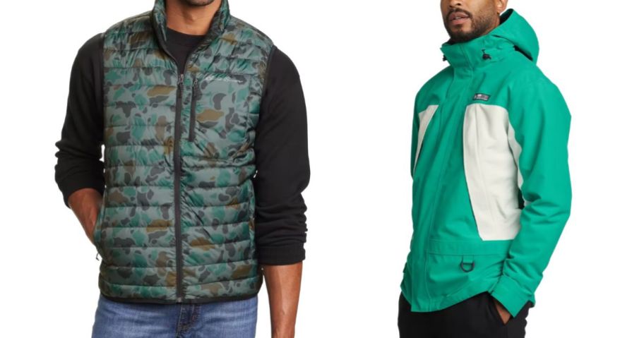 two men wearing an eddie bauer green vest and jacket
