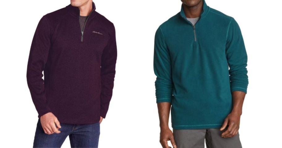 two men wearing purple and green eddie bauer pullovers