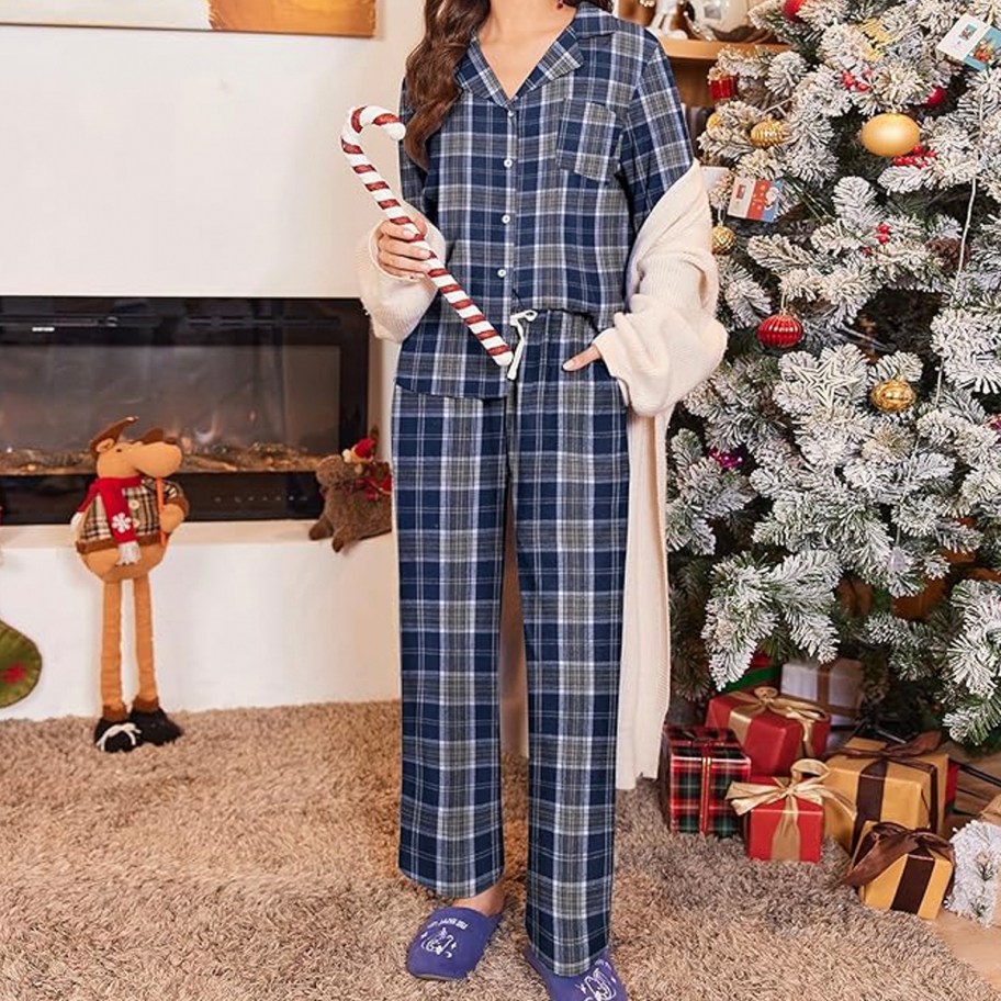 woman wearing blue plaid pajamas